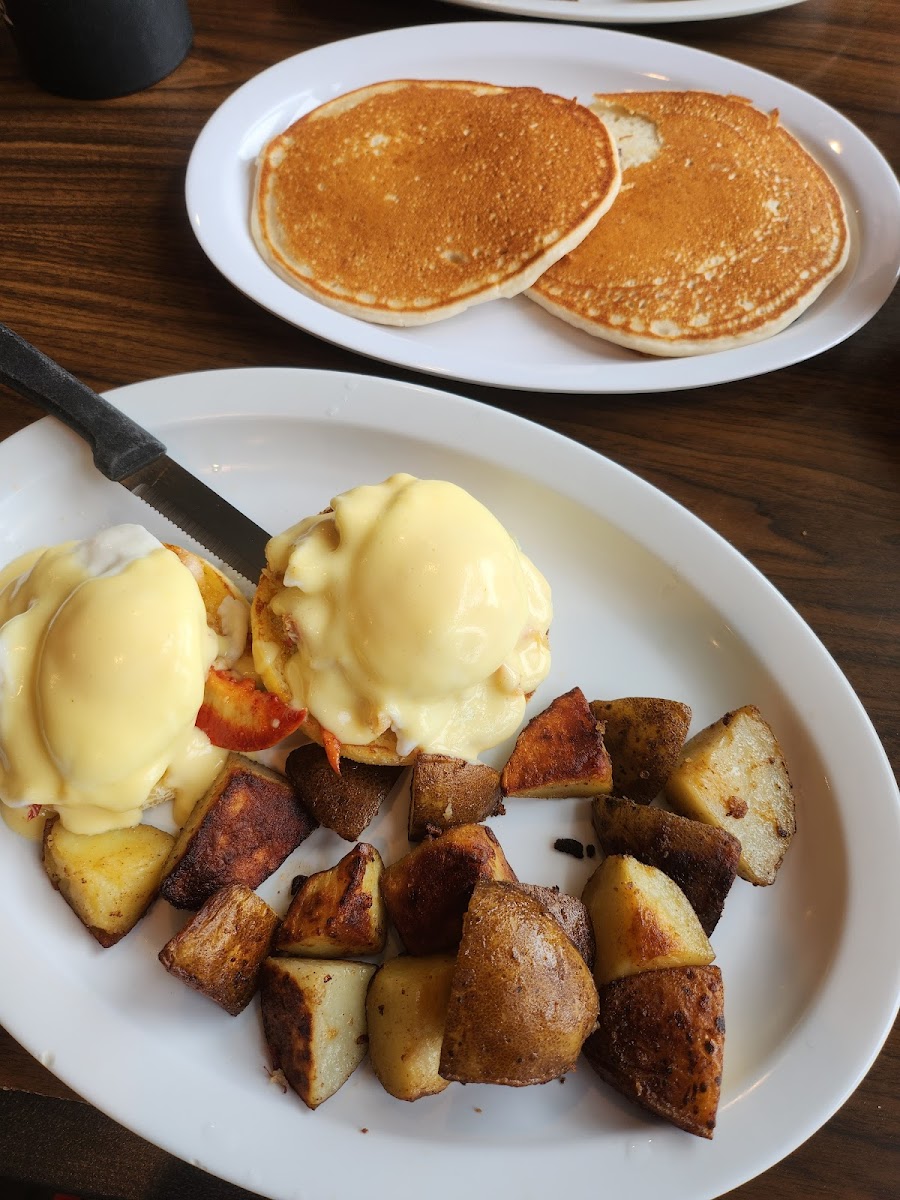 GF Lobster Benedict and GF blueberry pancakes