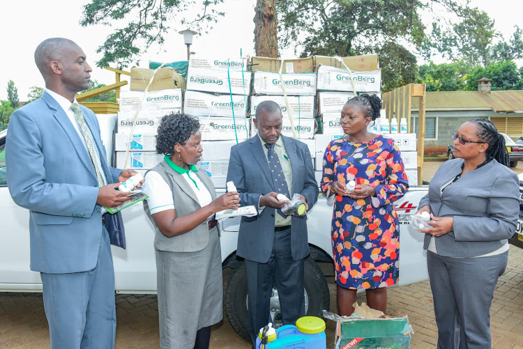 Officials from the Ministry of Agriculture and senior county officials during the launch of pesticides to control the spread of the invasive snails at Mwea Irrigation scheme