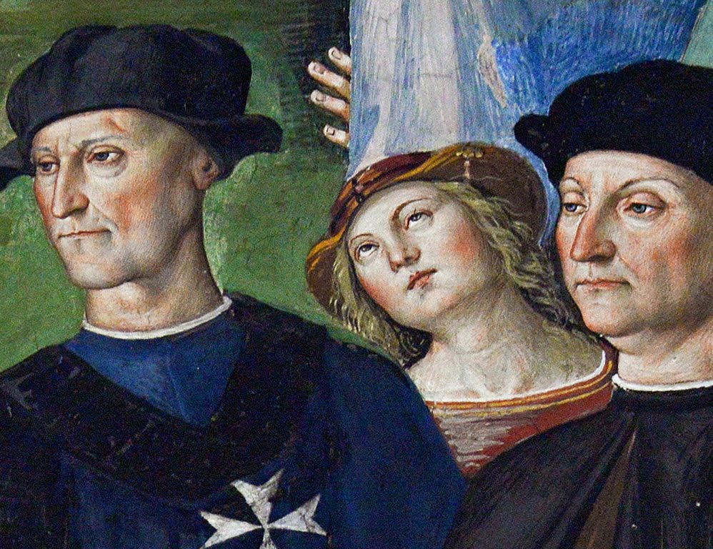 Pinturicchio, Libreria Piccolomini, Enea Silvio, vescovo di Siena, presenta Eleonora di Portogallo all'imperatore Federico III, Siena, Duomo (particolare)