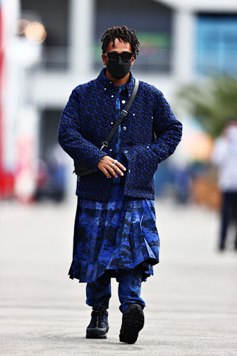 Lewis Hamilton sporting his gender neutral Burberry attire in the paddock during previews ahead of the F1 Grand Prix of Turkey.