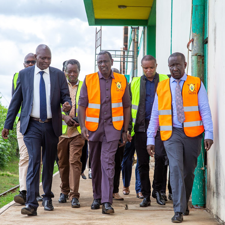 President William Ruto is taken around the National Cereals and Produce Board (NCPB) Eldoret Depot on April 8, 2024