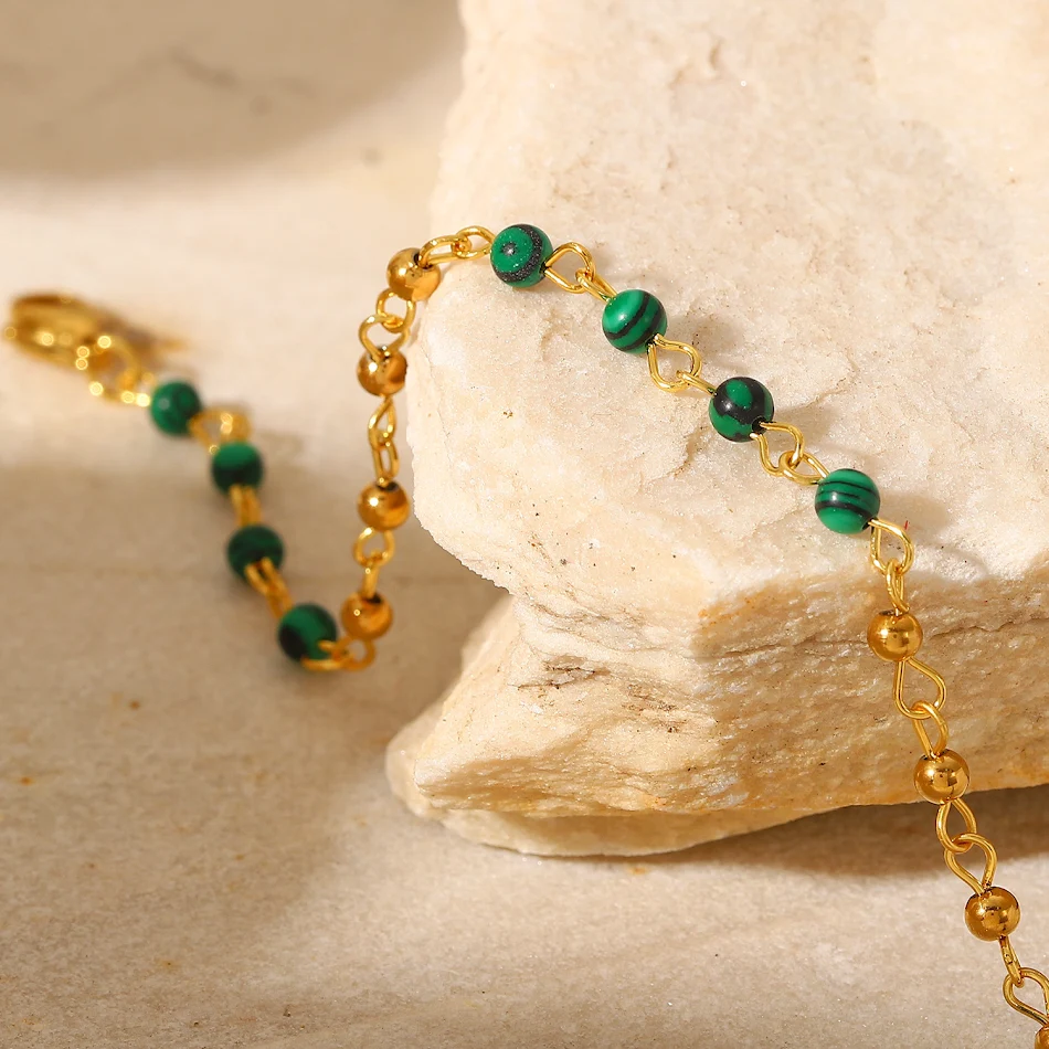 Pulseira de bola de malaquita geométrica de moda feminina, acessório estiloso, perfeito para diversas ocasiões, realce seu visual com esta joia.