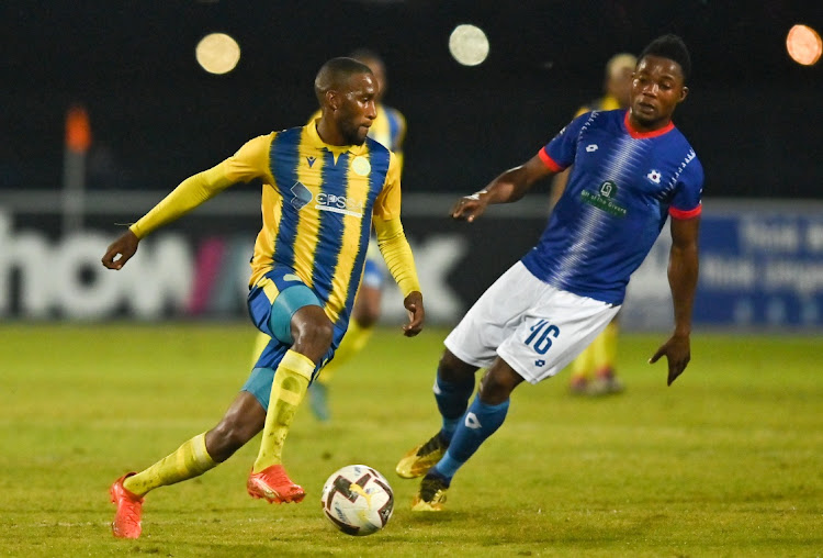 Ofentse Tlholoe of Casric Stars moves past the defence of Kwame Peprah of Maritzburg United during the Promotion Playoffs 2022/23 match between Maritzburg United and Casric Stars held at Harry Gwala Stadium in Pietermaritzburg on 31 May 2023.