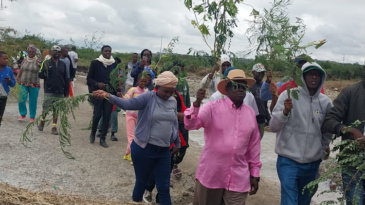 Residents protest against poor state of Devki-Kinanie-Joska road and bridge in Mavoko, Machakos County, on May 10, 2024.