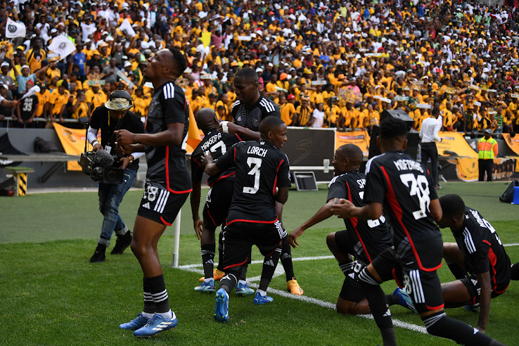 Orlando Pirates players celebrates a goal during the DStv Premiership match between Kaizer Chiefs and Orlando Pirates at FNB Stadium on November 11, 2023.