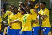 Mamelodi Sundowns celebrate the goal of Neo Maema during the DStv Premiership match against Royal AM at Chatsworth Stadium on October 29.