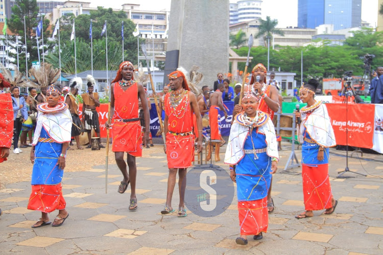 Maasai dancers entertain guests at KICC, Nairobi ahead of WRC Safari Rally Kenya flag-off on March 28, 2024