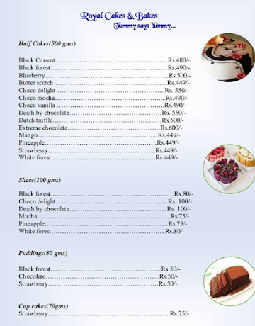 Royal Cakes & Bakes menu 