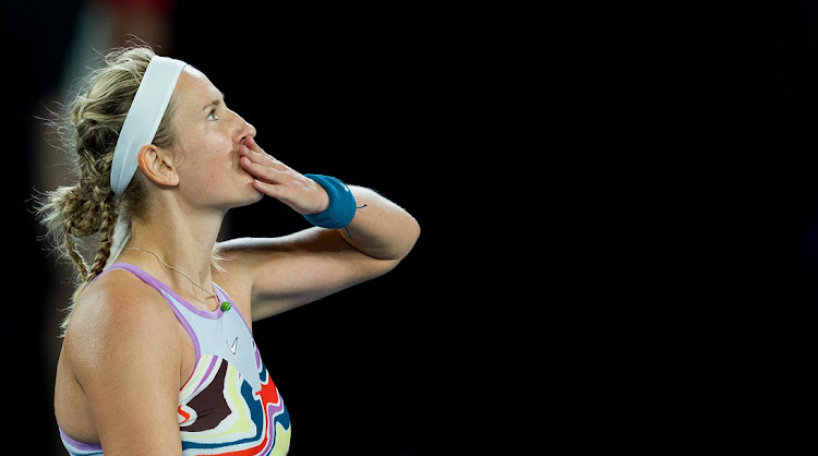 Victoria Azarenka celebrates victory in her quarterfinal against Jessica Pegula of the US on day nine of the 2023 Australian Open at Melbourne Park on January 24 2023.