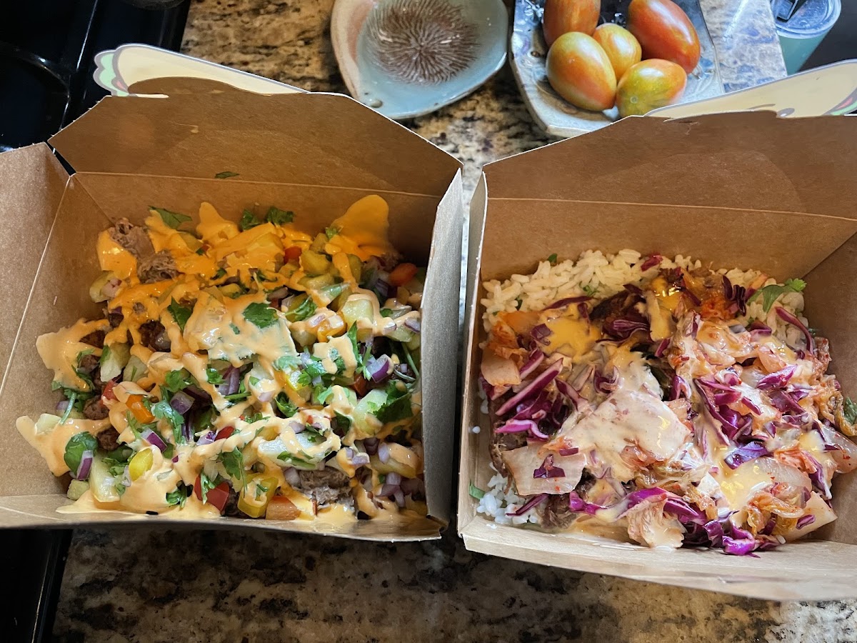 Carnitas bowl on the left, Korean bowl on the right