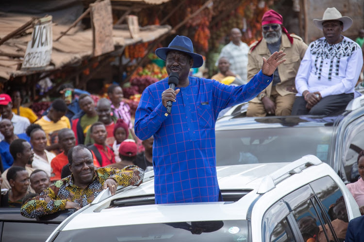 Azimio leader Raila Odinga addresses the crowd during a brief meet and greet session at Emali town in Machakos county on Tuesday, August 15.