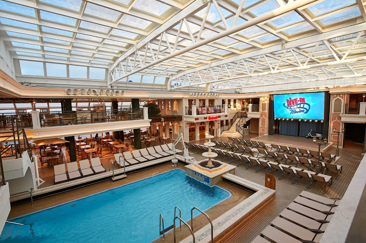 Settle into the Seaside Theatre, a complimentary outdoor cinema with a huge LED screen, on Carnival Venezia.