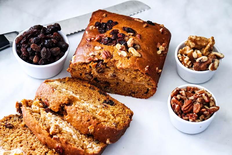 Pumpkin Bread With Maple Cream Cheese Filling Sliced.