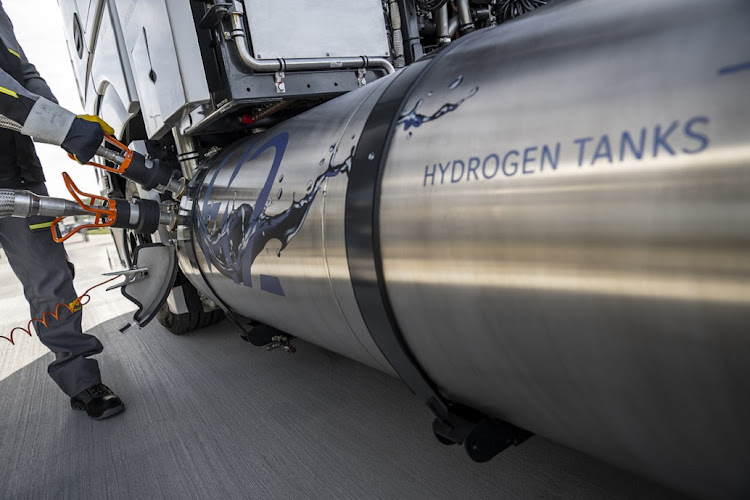 During the refuelling process, cryogenic liquid hydrogen at minus 253 degrees Celsius is filled into the truck's two 40kg tanks. Picture: SUPPLIED