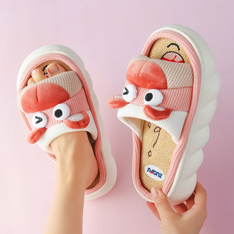 Pantofole da donna in lino con suola spessa per quattro stagioni, comode e traspiranti per la casa, perfette tutto l'anno.