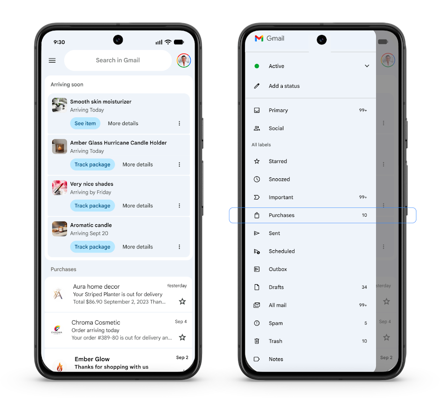 Ilustração da visualização "Compras" do Gmail, que permite rastrear pedidos e entregas diretamente no Gmail. Duas telas de smartphone mostram a visualização "Compras" do Gmail. A tela à esquerda mostra a caixa de entrada principal com uma seção "Chega em breve" para rastreamento de pacotes e uma seção "Compras" para pedidos recentes. A tela à direita mostra o menu do Gmail com a visualização "Compras" em destaque.