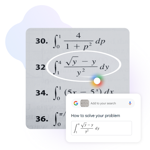 There is a list of 4 math problems. The second math problem is circled and the image overlaid on the bottom right shows the Google Circle to Search feature in action and reads “How to solve your problem,” over an equation.