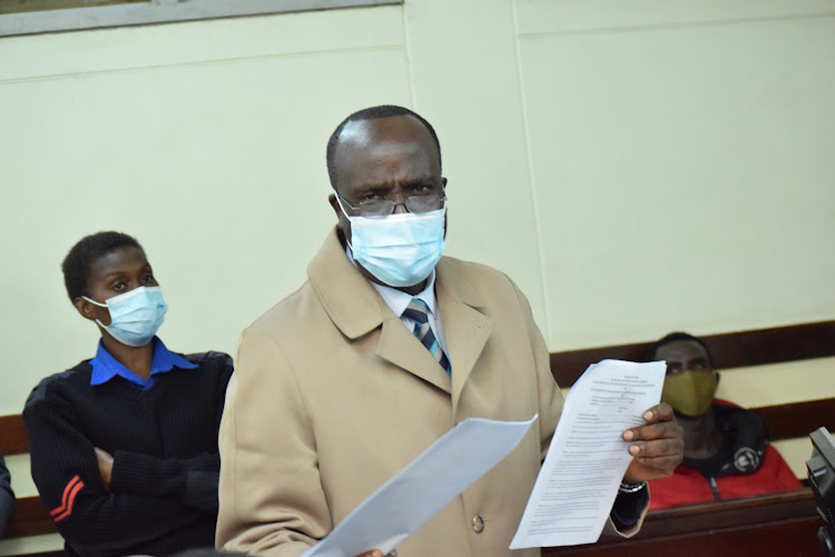 Lawyer Danstan Omari representing the first accused in the abduction case at Makadara law court.