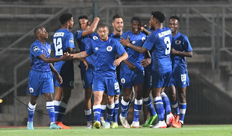 SuperSport United players celebrate the goal of Bradley Grobler during the DStv Premiership match against Sekhukhune United at Lucas Moripe Stadium on October 07, 2022 in Pretoria, South Africa.