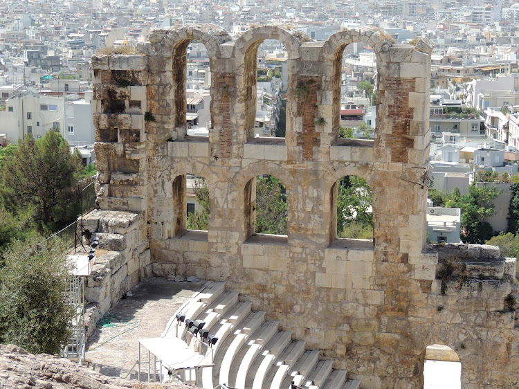 View of ancient ruins from atop the Acropolis in Athens. 