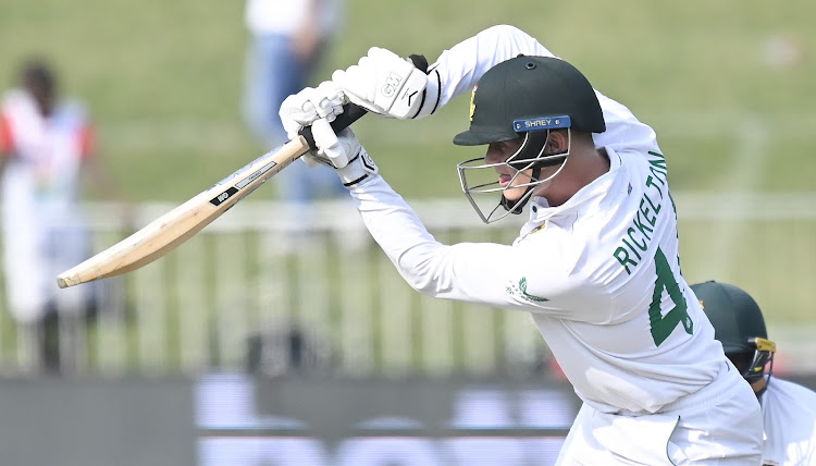 Ryan Rickelton in action during the opening day of his debut Test match between South Africa and Bangladesh at Kingsmead Stadium in Durban.