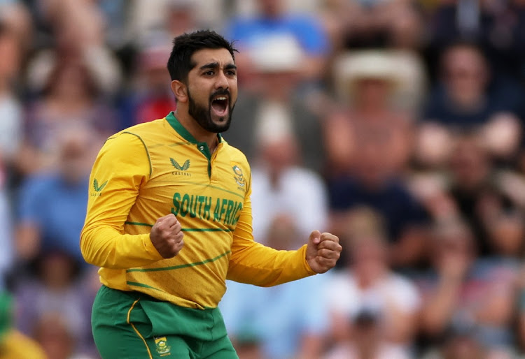 South Africa bowler Tabraiz Shamsi celebrates after taking the wicket of England's Liam Livingstone during the T20 Series against England at the Ageas Bowl in Southampton, England, July 31 2022. Picture: PAUL CHILDS/REUTERS