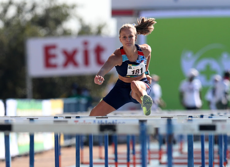 Rikenette Steenkamp in the 100m hurdles during the 2021 ASA Senior Track and Field Champs at Tuks Stadium in Pretoria on April 16 2021.