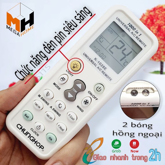 Điều Khiển Điều Hòa Đa Năng K - 1028E 1000In1, Remote Máy Lạnh Đa Năng 2 Mắt Hồng Ngoại Tích Hợp Đèn Pin Tiện Lợi