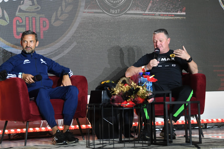 Orlando Pirates coach Josef Zinnbauer and Kaizer Chiefs mentor Gavin Hunt at the Carling Black Label Cup launch in Johannesburg on Tuesday May 25 2021.