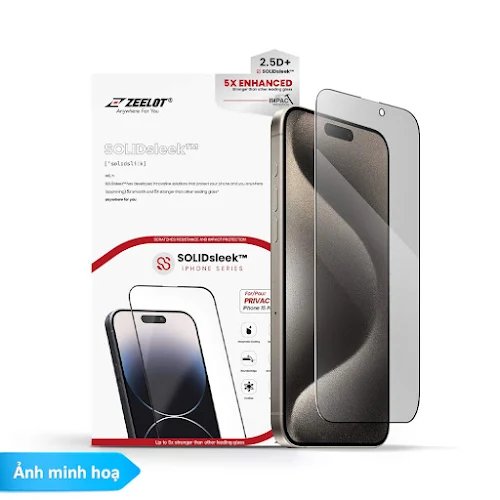 Miếng dán màn hình điện thoại kính cường lực, chống nhìn trộm ZEELOT (2.5D+) SOLIDsleek - iPhone 15 Pro Max 6.7" - Privacy