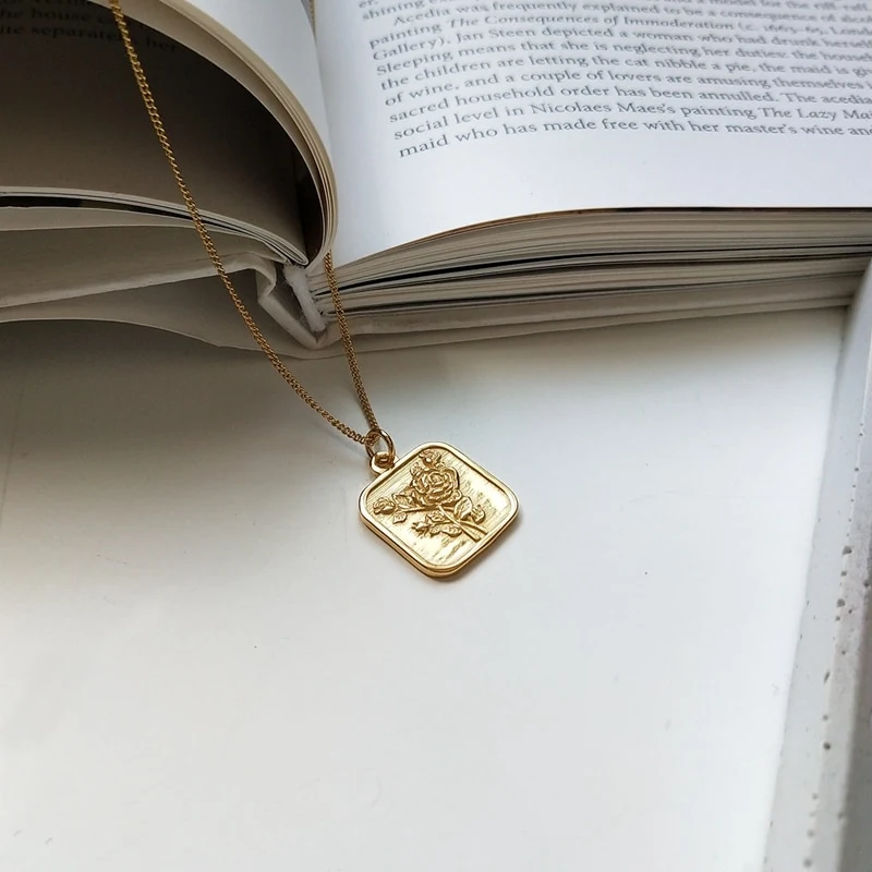 925 sterling silver heart Geometric necklace gold round Glossy surface square card rose flowers pendant necklace for wom
