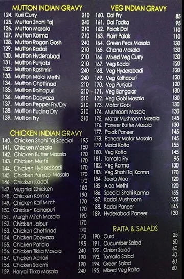 Shahi Taj menu 