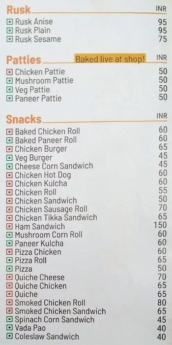 Defence Bakery menu 