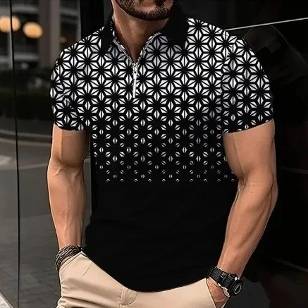 Heren casual T-shirt met rits, 3D digitale print, korte mouwen, modieuze trend voor dagelijks gebruik en comfort.