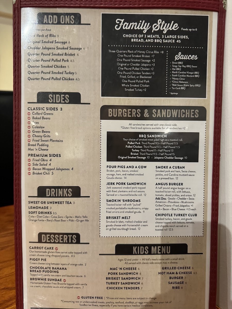 Top Hog BBQ gluten-free menu