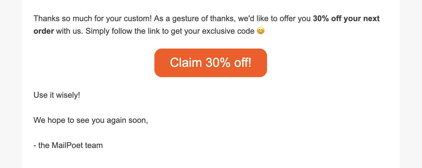 Screenshot of an orange button advertising a promotion within the email template