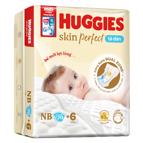 Tã-bỉm dán sơ sinh Huggies Skin Perfect Newborn NB 70+6 (dưới 5kg) - Gói 70+6 miếng