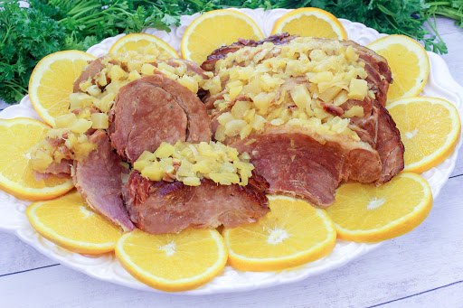 Crock Pot sweet ham on a platter.