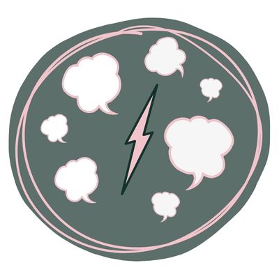 Deep green round icon with a whimsical pink round border with a lightning bolt in the center surrounded by different sized thought bubbles like they're all talking to the lightning