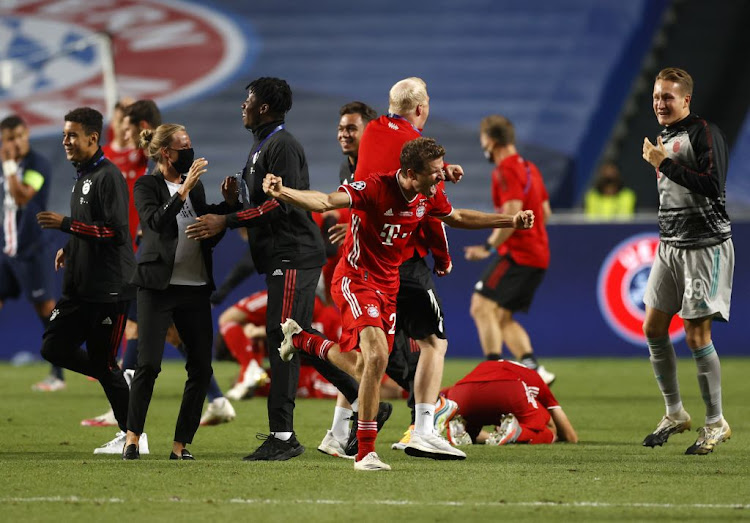 Thomas Muller of Bayern Munich celebrates after beating Paris Saint-Germain in the final of the UEFA Champions League at Estadio do Sport Lisboa e Benfica