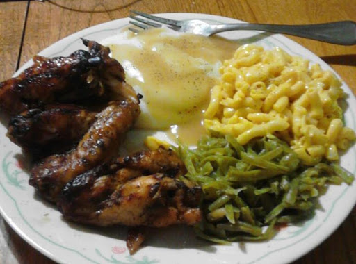 Those are the honey baked wings with mashed potato's and chicken gravy, mac and cheese, and string beans.