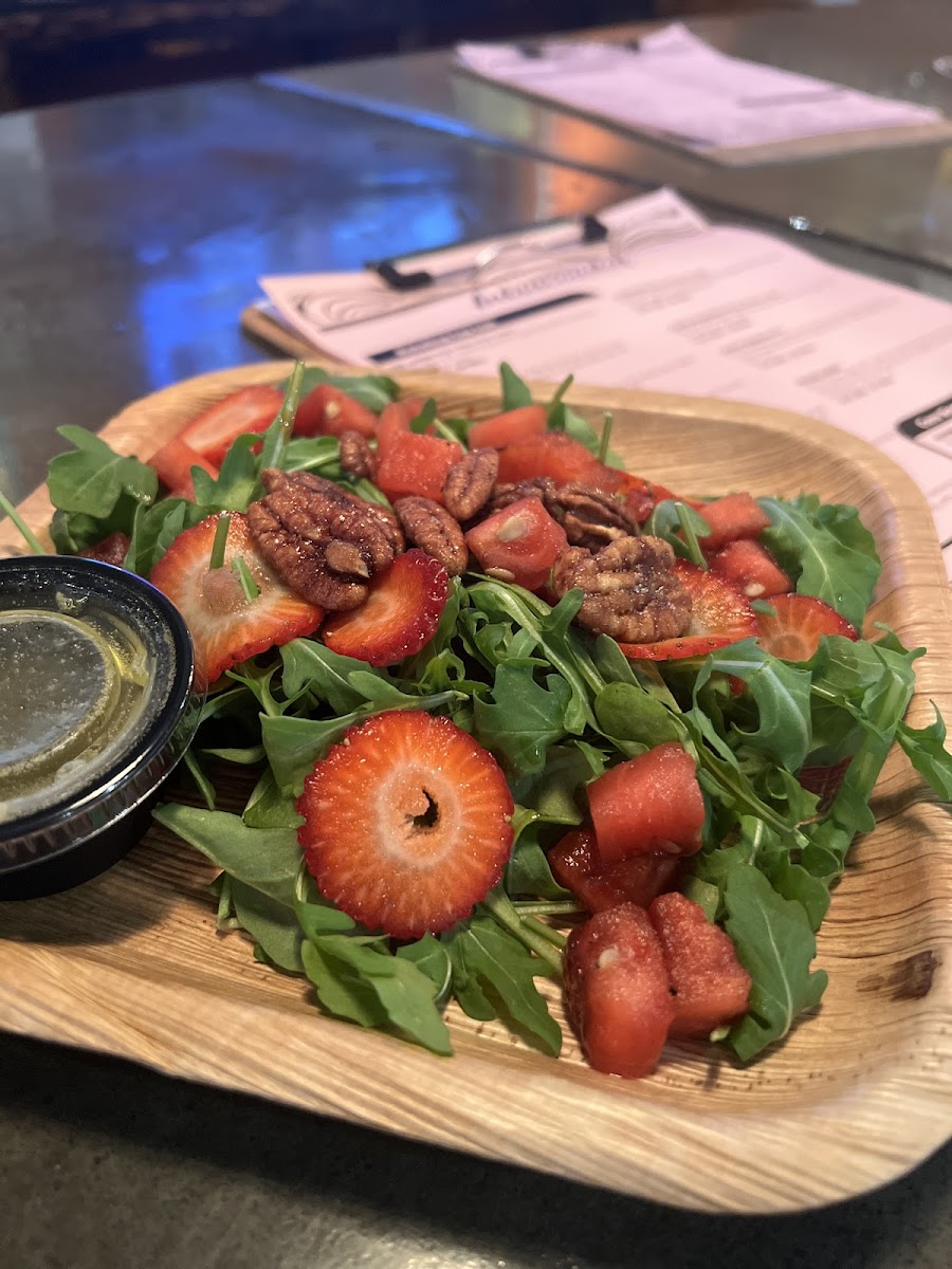 Watermelon salad. That hot hiney dressing was good! (I asked for no bleu cheese)