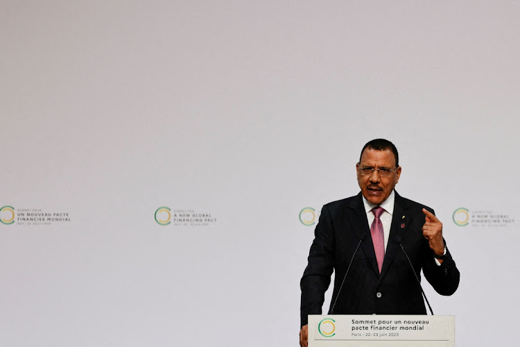 President of Niger Mohamed Bazoum delivers a speech during the opening session of the New Global Financial Pact Summit at the Palais Brogniart in Paris, France, on June 22 2023. File photo.