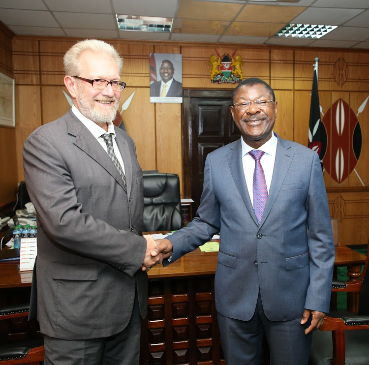 National Assembly speaker Moses Wetang'ula with Russian Ambassador to Kenya Dmitry Maksimychev on November 30, 2022.