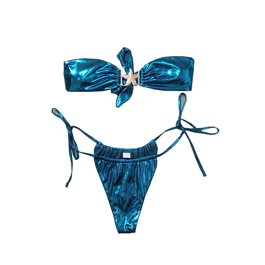 Damen Tube Top Split Bikini in Blau mit glänzendem Gold-Starfish-Design. Perfekt für Strand und Pool, sexy und stilvoll.