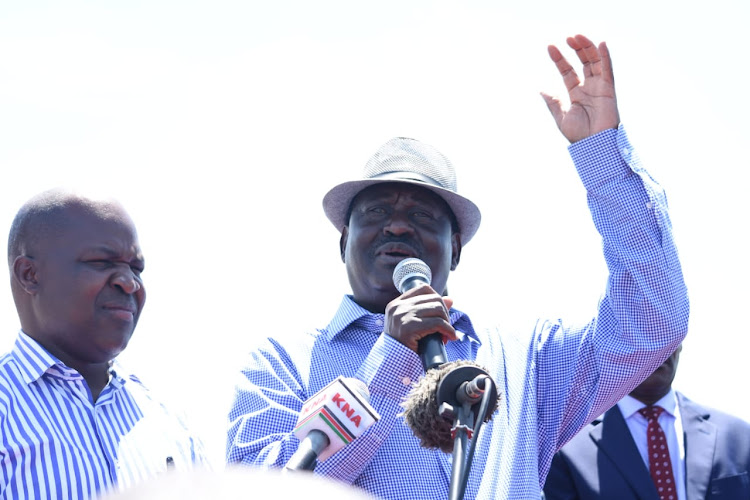 Kisumu Deputy Governor Mathews Owili and ODM leader Raila Odinga in Muhoroni on Monday, May 13, 2019