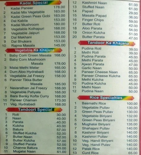 New Shanthi Sagar menu 