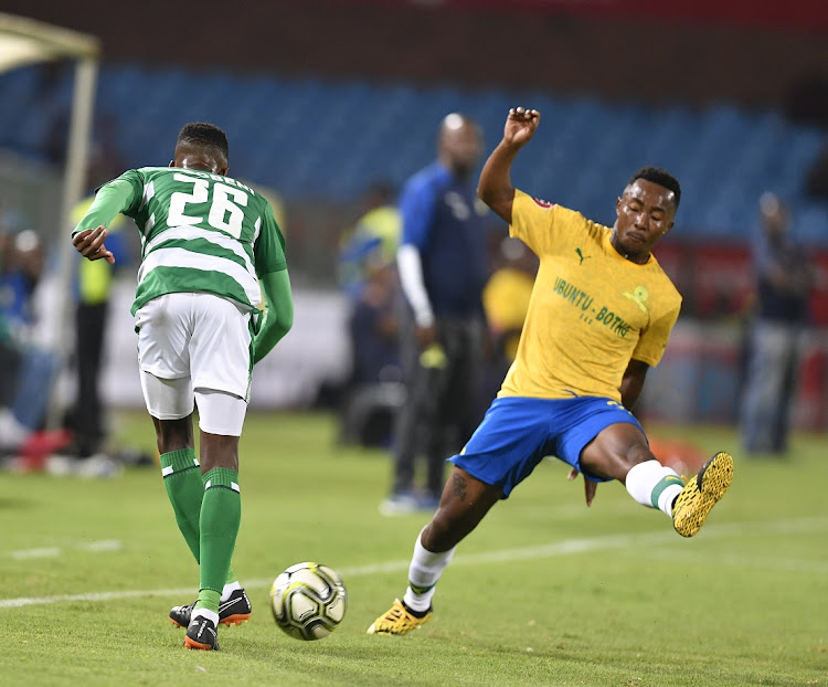 Sifiso Ngobeni of Bloemfontein Celtic and Lebohang Maboe of Mamelodi Sundowns during the Absa Premiership match at Loftus Versfeld on February 19.