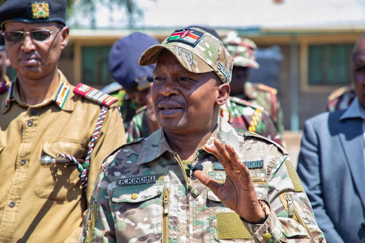 Interior CS Kithure Kindiki addressing residents of Namba and Kamenjo areas at Ngaratuko Primary School grounds, in Baringo North subcounty following a visit to the areas on December 5, 2023.