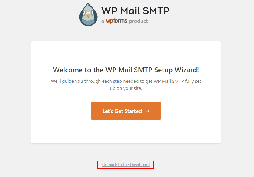 L'interface de l'assistant de configuration SMTP de WP Mail, montrant où cliquer Retourner au tableau de bord